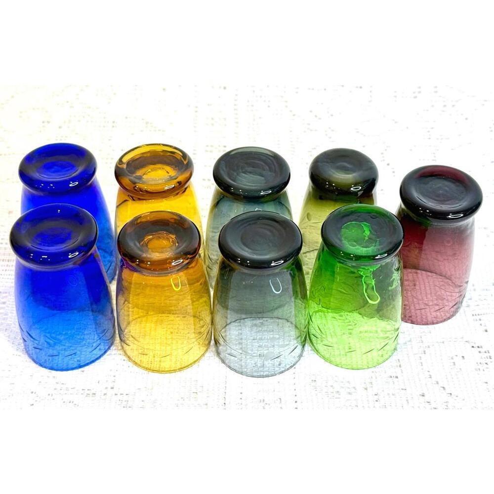Set of 9 Vintage Korean Etched Design Multicolor Cordial Shot Glasses - Picture 4 of 5